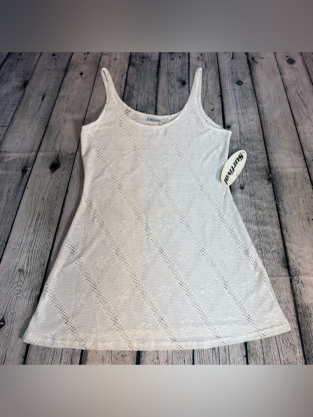 Surfival Vtg 90s White Floral Eyelet Knit Retro A-Line Mini Swim Dress Size M